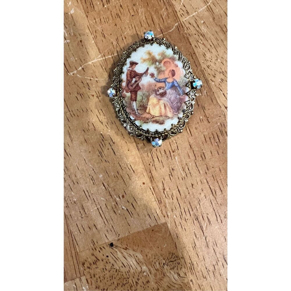 WMAC Painted Oval Ceramic Brooch, Gold Tone Frame Rhinestones
